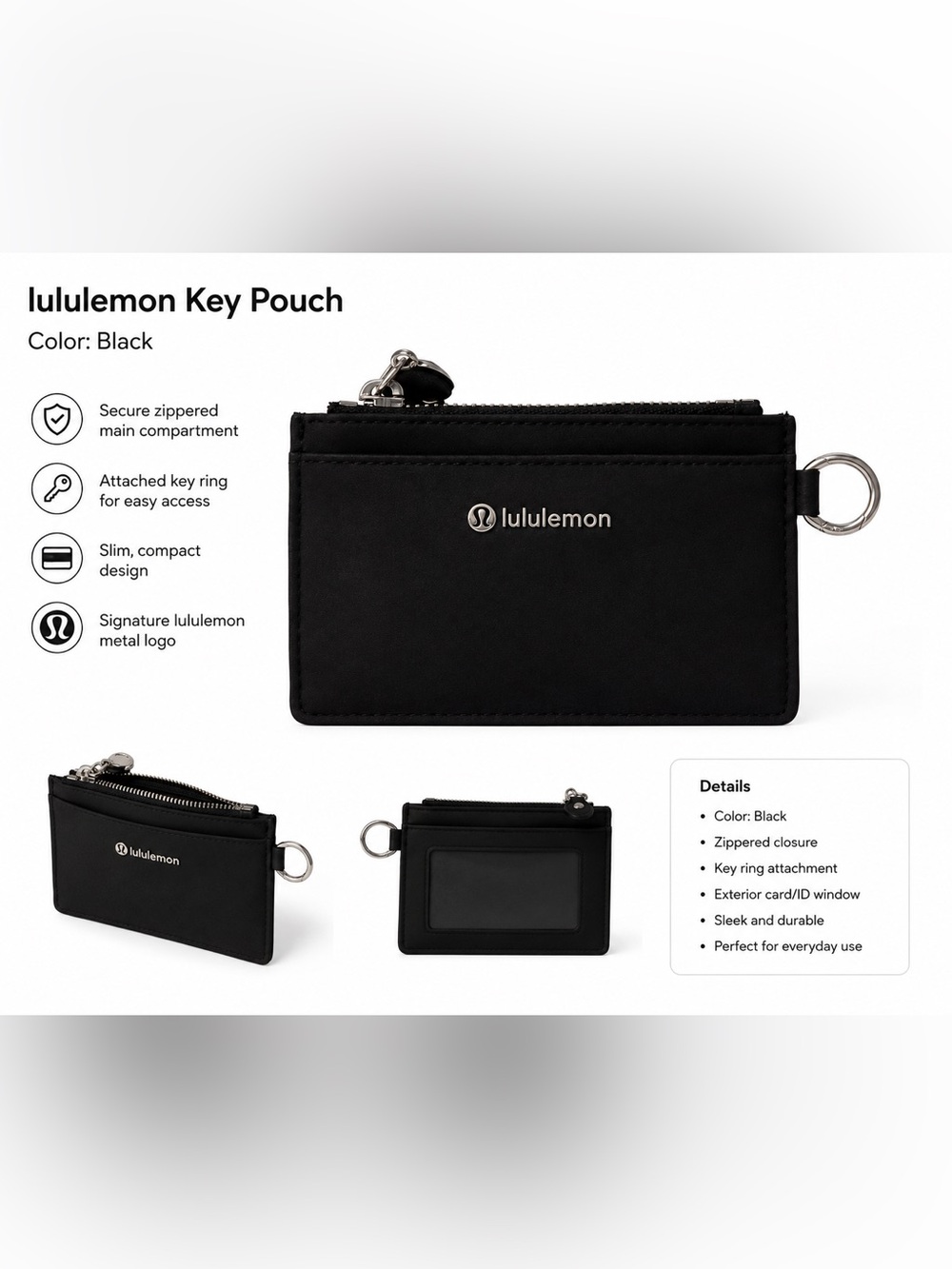 lululemon athletica Black Slim Key Pouch with Key Ring